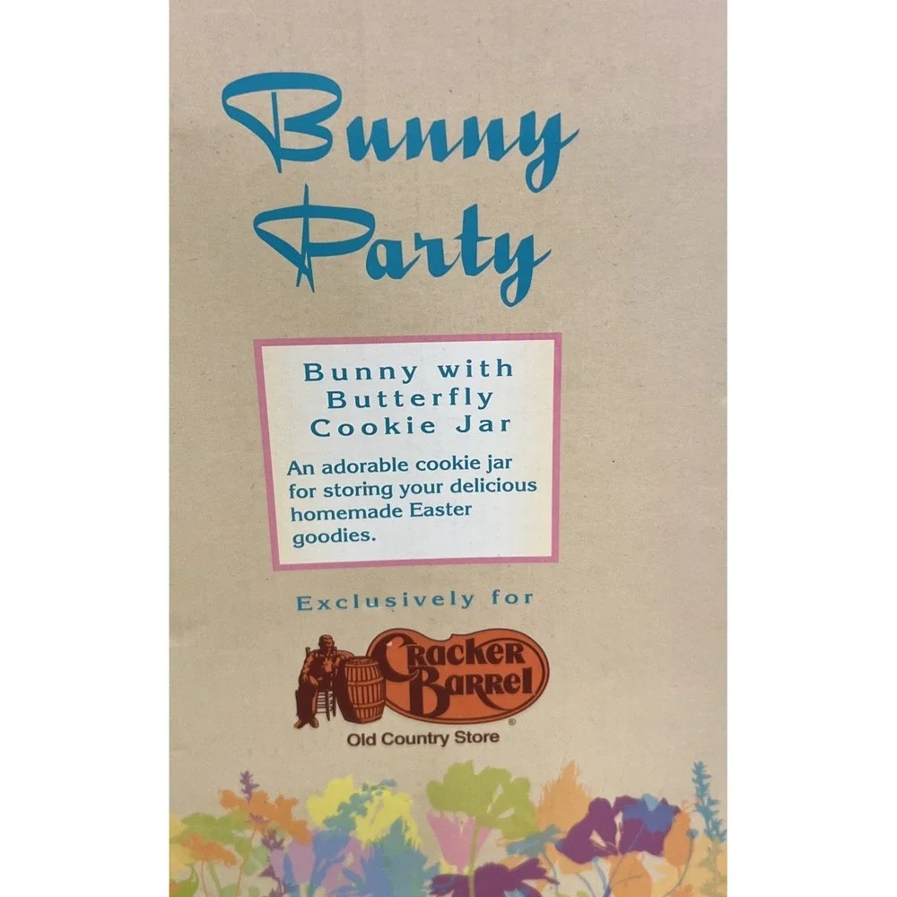New Cracker Barrel Bunny Party Cookie Jar Ceramic Bunny Rabbit W/Butterfly Decor